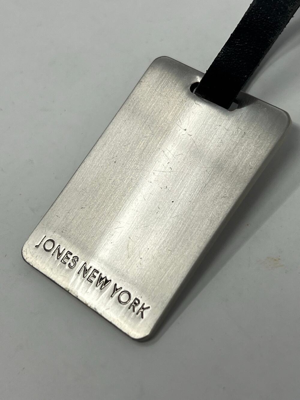 Jones New York Silver Metal Luggage Tag Bag Charm Black Leather Strap Vintage